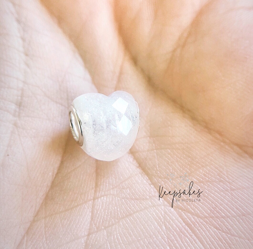 Diamond coloured keepsake heart bead made with breastmilk