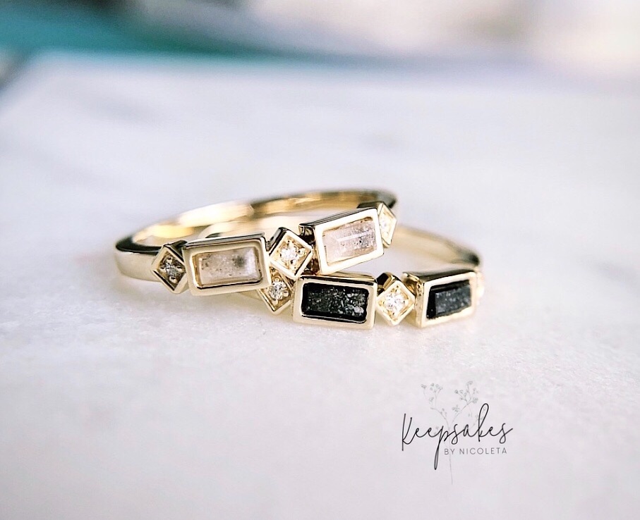Family stackable rings made with pearl colour and Black jade colour and ashes