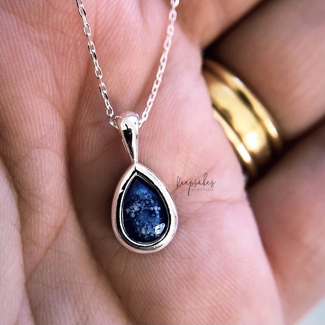 Sterling Silver Tear Drop Pendant made with preserved breastmilk in Grecian Blue stone.