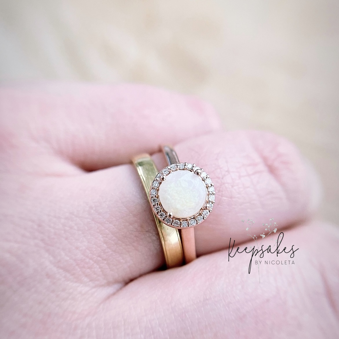 Peace halo round stone ring made with Breastmilk and pearl colour
