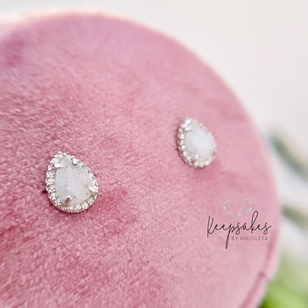 Pear halo earrings with preserved breastmilk and diamond colour keepsake stone